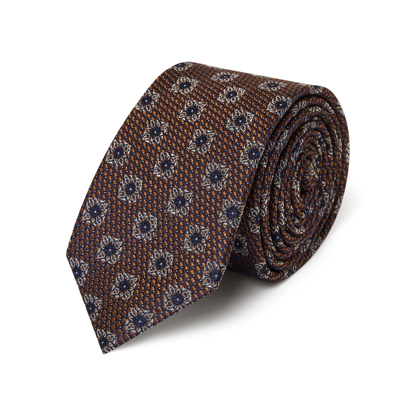 Cravate à motif floral bleu marine et bronze