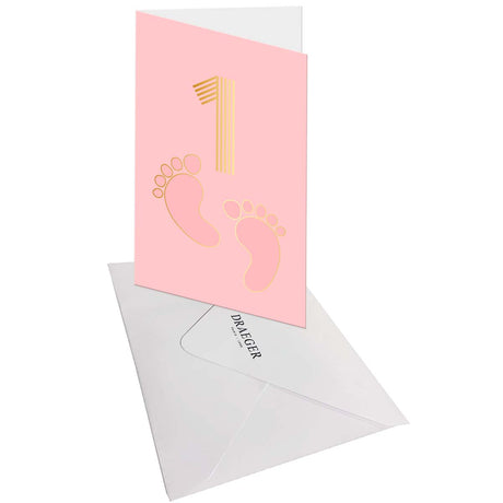 Tarjeta de cumpleaños de 1 año en Oro - Rosa - Con mensaje - Para Bebé Niña - Huella de bebé - 11,5 x 17 cm