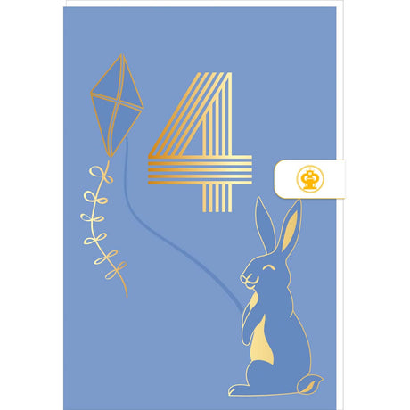 Carte d'anniversaire 4 ans en Or - Bleu - A message - Pour Petit Garçon - Lapin - 11,5 x 17 cm