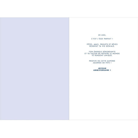 Carte d'anniversaire 20 ans en Or - Bleu - A message - Pour Homme et Femme - 11,5 x 17 cm