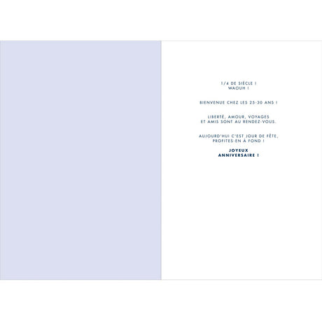 Tarjeta de 25 Cumpleaños en Oro - Azul - Con Mensaje - Para Hombre y Mujer - 11,5 x 17 cm