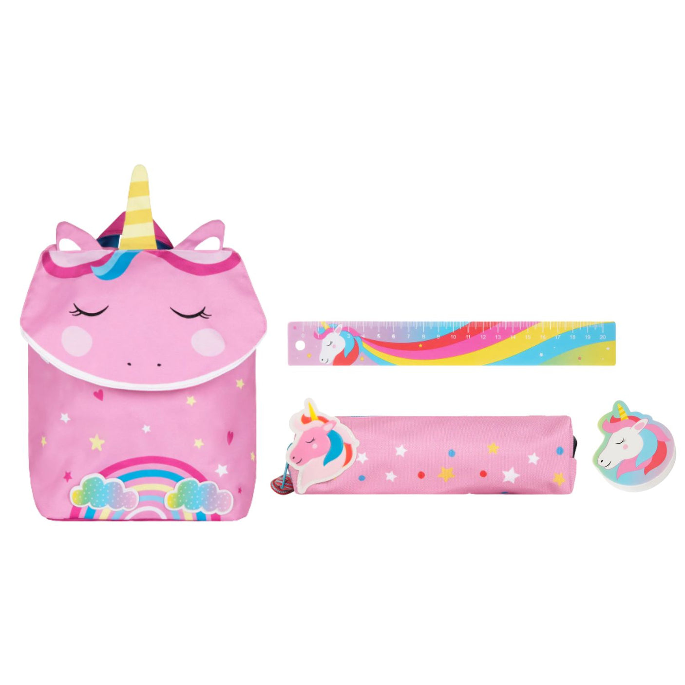 Unicorn Back to School Kit: Backpack and Accessories: Pencil Case, Water Bottle, Soft Ruler and Maxi Eraser