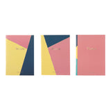Juego de 3 cuadernos A5 rayados: azul, rosa y amarillo.
