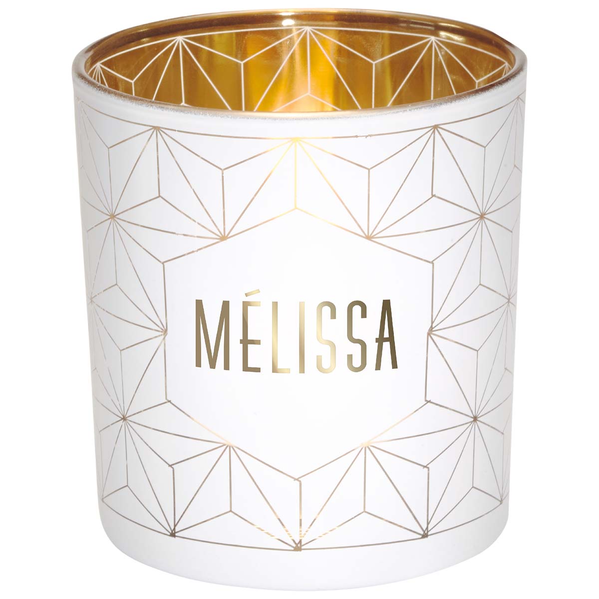 First name tealight holder in white and gold glass