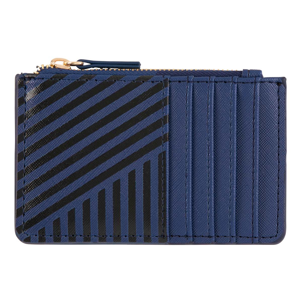 Porte-cartes zippé - rayures bleu marine et noires
