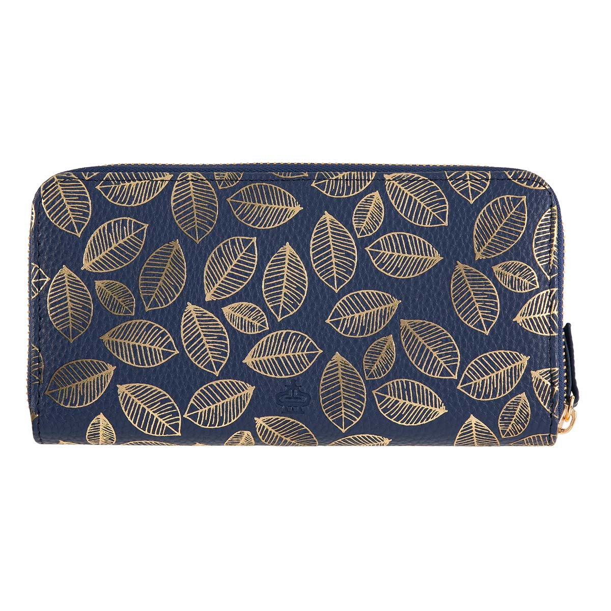 Grand portefeuille femme - feuilles dorées - bleu marine